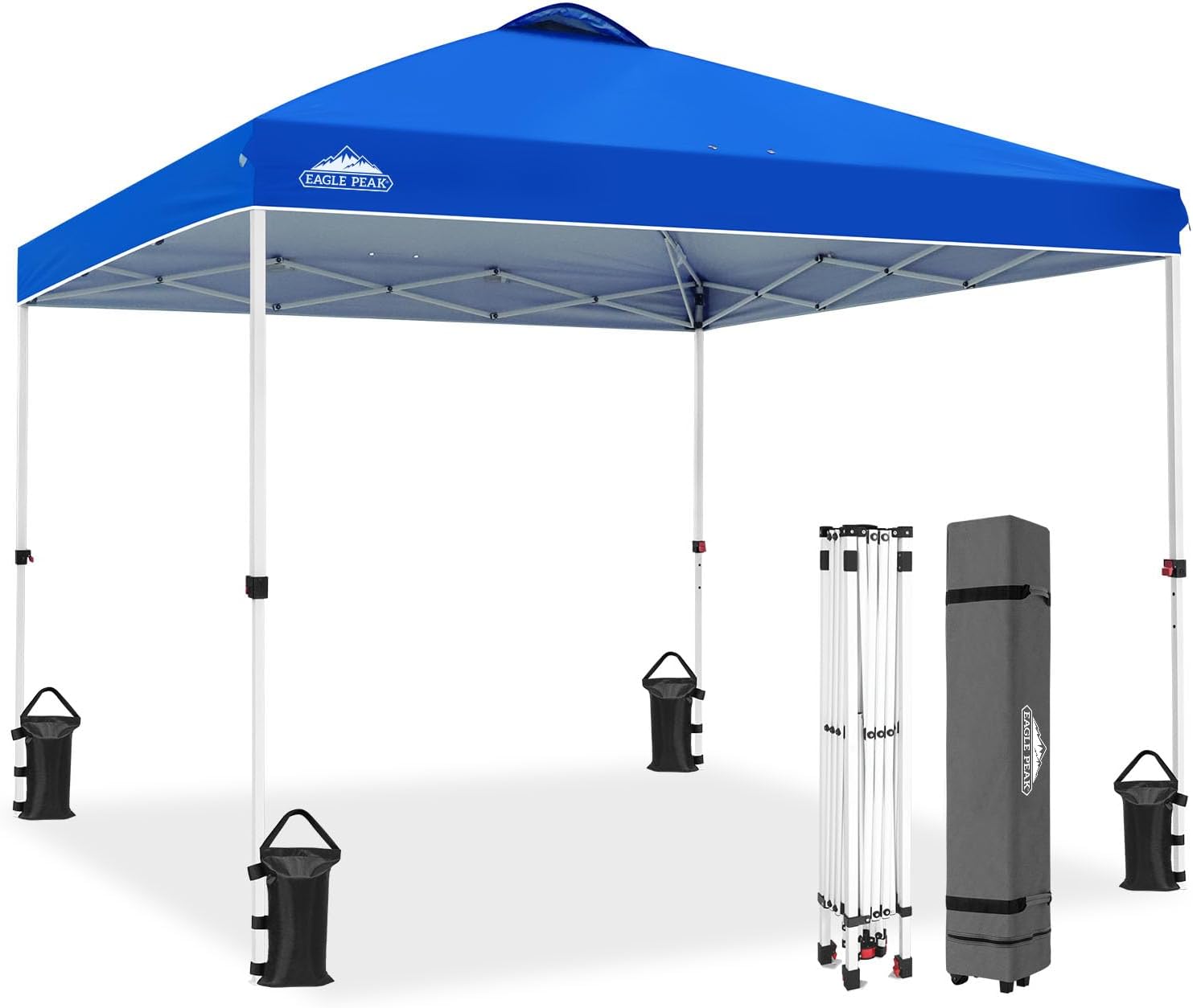 EAGLE PEAK Pop Up Canopy Tent with Wheeled Carry Bag, 8 Stakes, 4 Ropes, 4 Weight Bags, Easy Set Up Tent Canopy, 10x10 ft, 100sqft of Shade, Blue